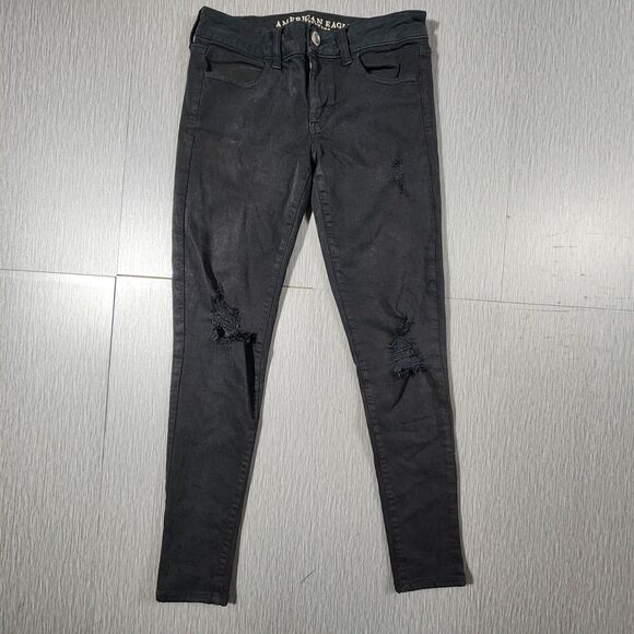 American Eagle Womens Mid-Rise Jegging Black Denim Jeans Distressed Size 4 - Picture 1 of 12